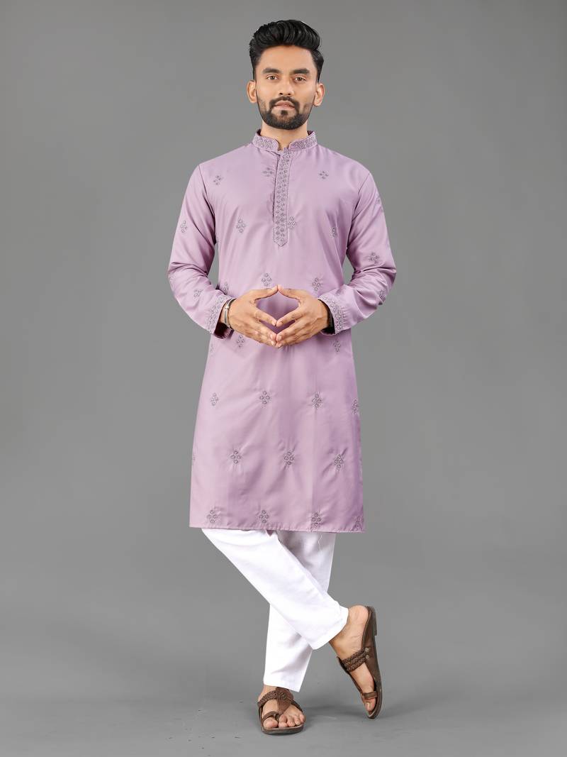 Purple cotton butta work work men kurta pyjama