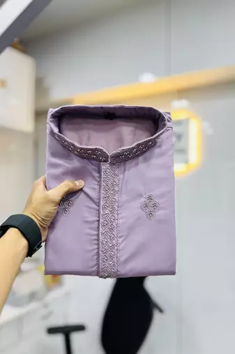Purple cotton butta work work men kurta pyjama