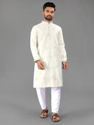 White cotton butta work work men kurta pyjama 1