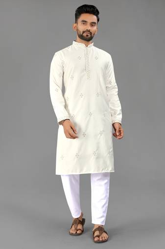 White cotton butta work work men kurta pyjama