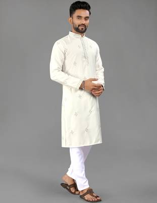 White cotton butta work work men kurta pyjama 2