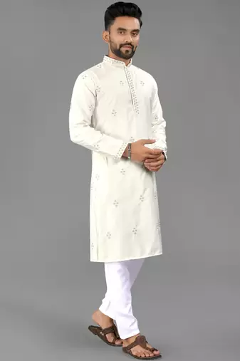 White cotton butta work work men kurta pyjama