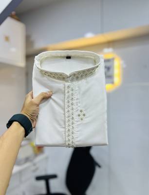White cotton butta work work men kurta pyjama 3