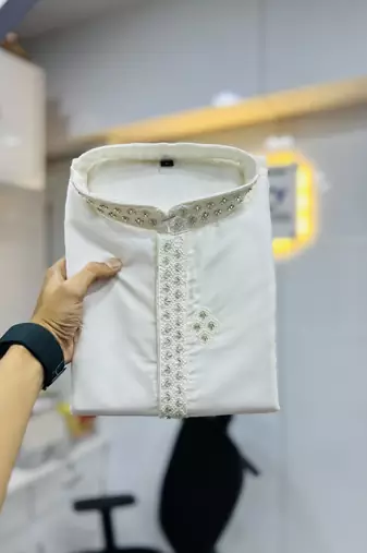 White cotton butta work work men kurta pyjama