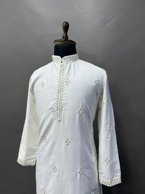 White cotton butta work work men kurta pyjama 4
