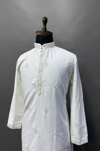 White cotton butta work work men kurta pyjama