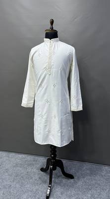 White cotton butta work work men kurta pyjama 5