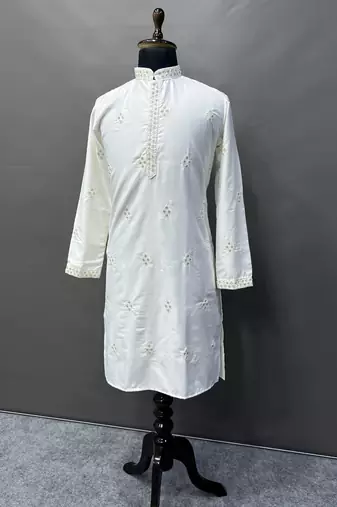 White cotton butta work work men kurta pyjama