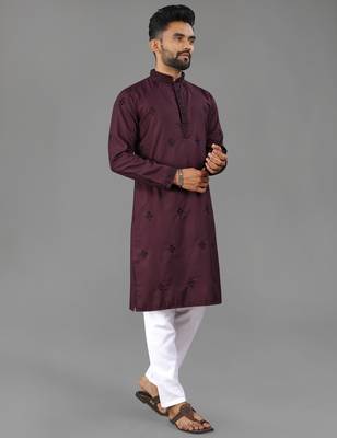 Wine cotton butta work work men kurta pyjama 1