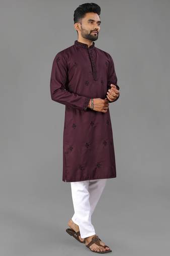 Wine cotton butta work work men kurta pyjama