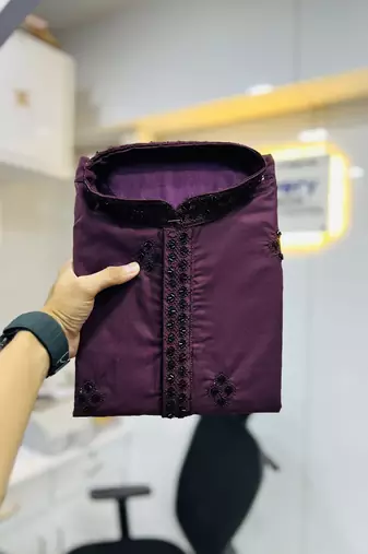 Wine cotton butta work work men kurta pyjama