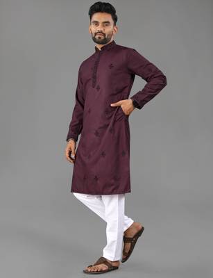Wine cotton butta work work men kurta pyjama 3