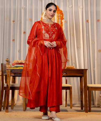 rust orange chanderi silk blend embroidered anarkali suit set 1
