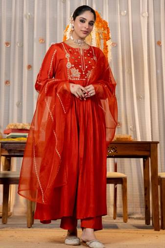 rust orange chanderi silk blend embroidered anarkali suit set