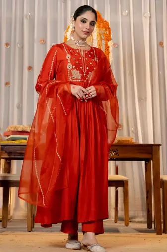 rust orange chanderi silk blend embroidered anarkali suit set