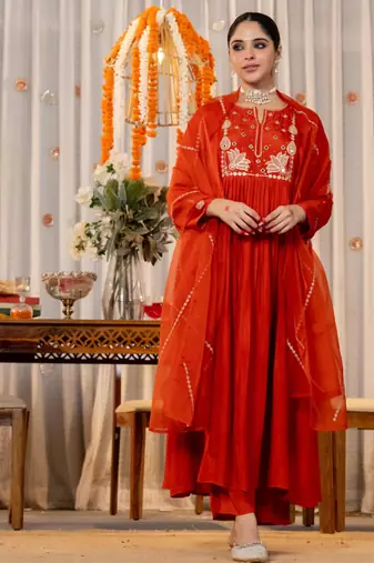 rust orange chanderi silk blend embroidered anarkali suit set
