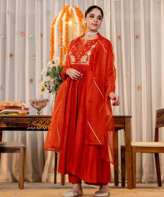 rust orange chanderi silk blend embroidered anarkali suit set 3