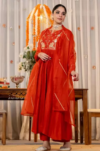 rust orange chanderi silk blend embroidered anarkali suit set