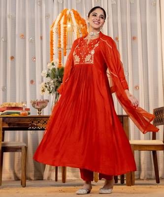 rust orange chanderi silk blend embroidered anarkali suit set 4