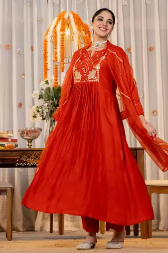 rust orange chanderi silk blend embroidered anarkali suit set