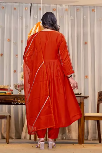 rust orange chanderi silk blend embroidered anarkali suit set