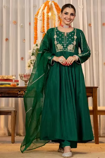 emerald green chanderi silk blend embroidered anarkali suit set