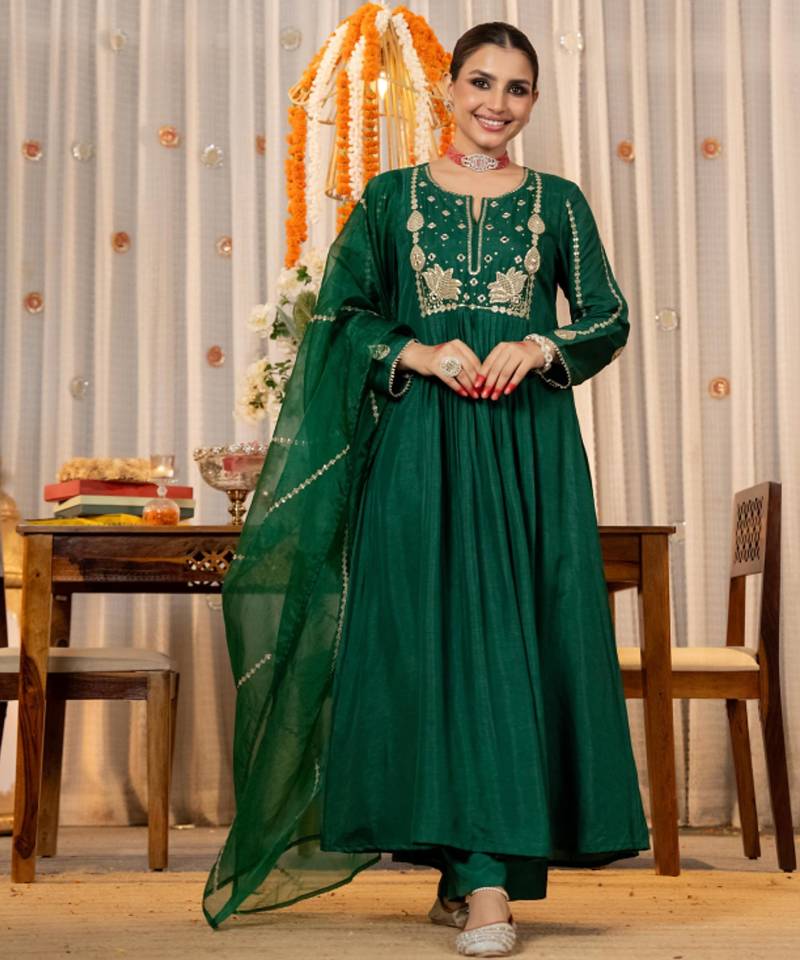 emerald green chanderi silk blend embroidered anarkali suit set