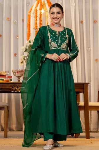 emerald green chanderi silk blend embroidered anarkali suit set