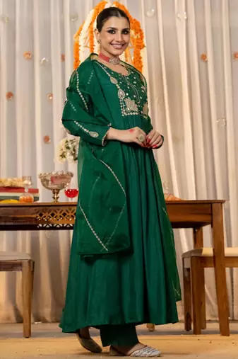 emerald green chanderi silk blend embroidered anarkali suit set