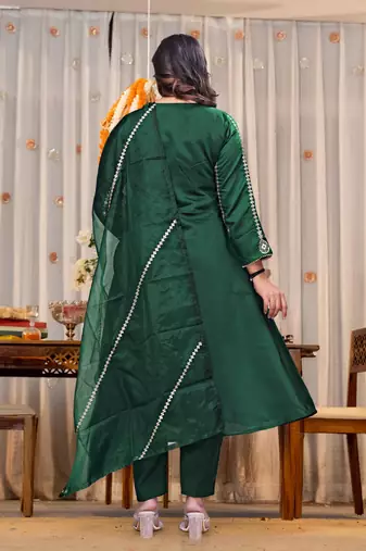 emerald green chanderi silk blend embroidered anarkali suit set
