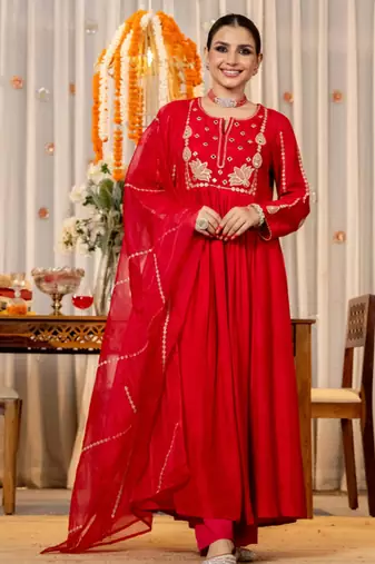 red embroidered anarkali kurta pant set with organza dupatta