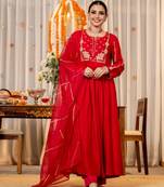 red embroidered anarkali kurta pant set with organza dupatta