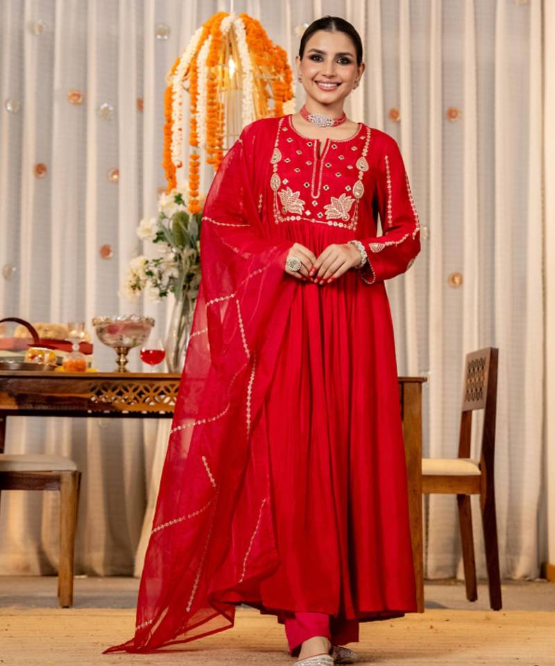 red embroidered anarkali kurta pant set with organza dupatta