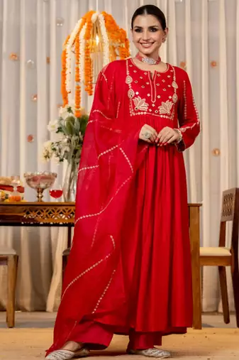 red embroidered anarkali kurta pant set with organza dupatta