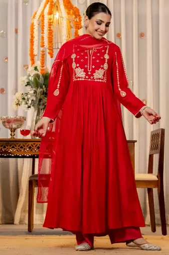 red embroidered anarkali kurta pant set with organza dupatta