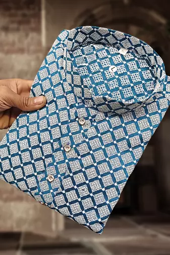 Blue cotton thread embroidery work men kurta pyjama