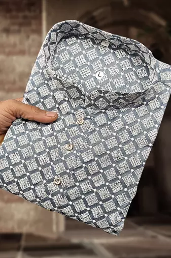Grey cotton thread embroidery work men kurta pyjama