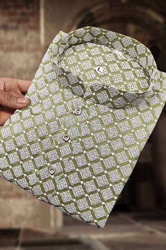 Olive cotton thread embroidery work men kurta pyjama