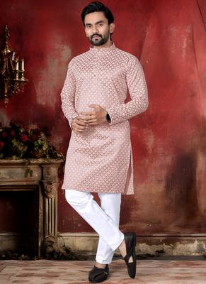 Peach cotton thread embroidery work men kurta pyjama 1