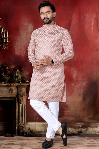 Peach cotton thread embroidery work men kurta pyjama