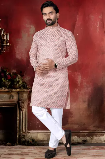 Peach cotton thread embroidery work men kurta pyjama