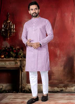 Pink cotton thread embroidery work men kurta pyjama 1