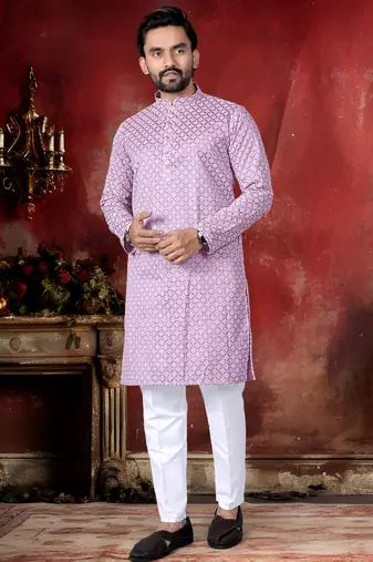 Pink cotton thread embroidery work men kurta pyjama