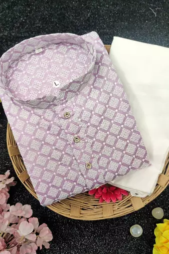 Pink cotton thread embroidery work men kurta pyjama
