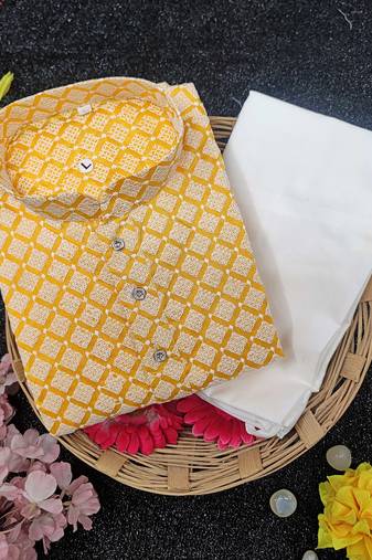 Yellow cotton thread embroidery work men kurta pyjama