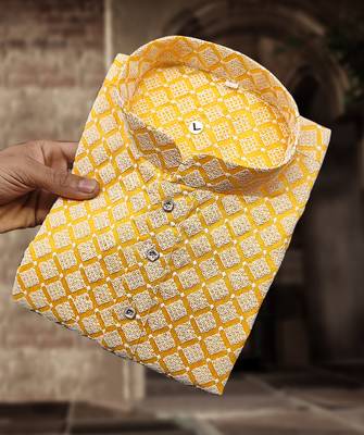 Yellow cotton thread embroidery work men kurta pyjama 2