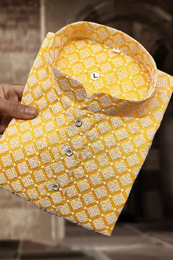 Yellow cotton thread embroidery work men kurta pyjama