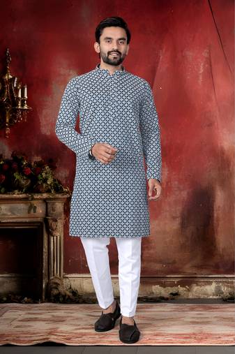 Blue cotton thread embroidery work men kurta pyjama