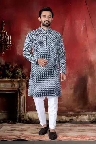Blue cotton thread embroidery work men kurta pyjama