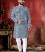 Blue cotton thread embroidery work men kurta pyjama
